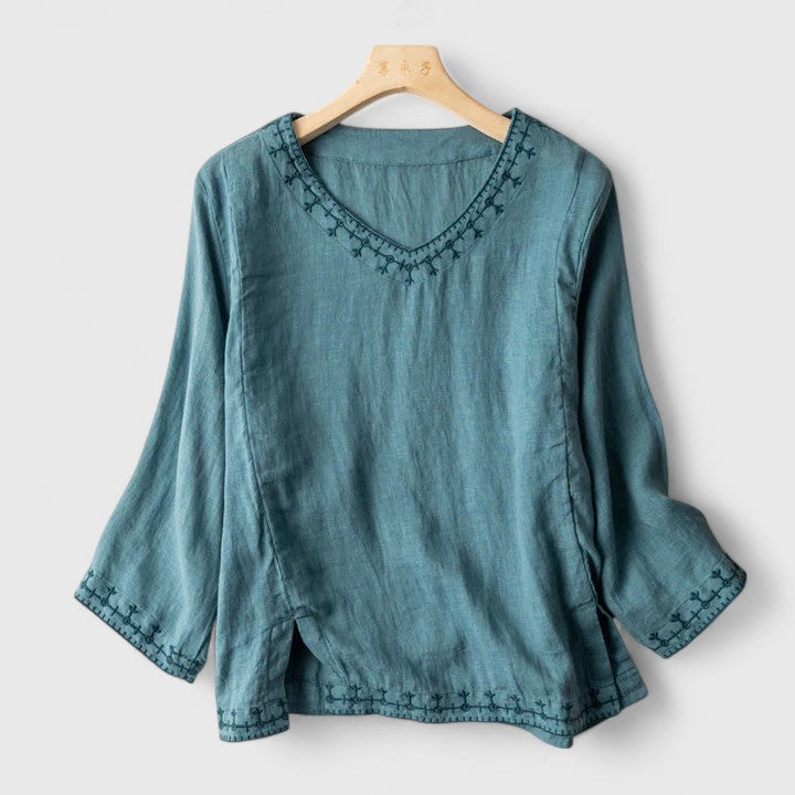 Women's Embroidered V-Neck Blouse with Relaxed Fit - Blue