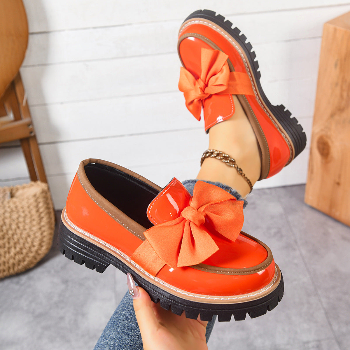 Women's Platform Loafers with Bow Detail and Chunky Sole - Orange Flame