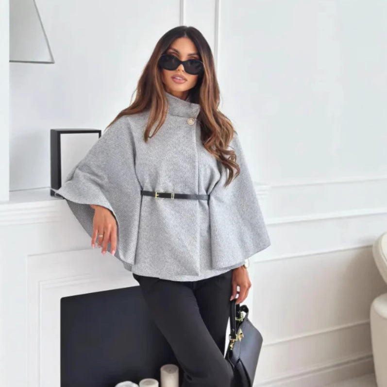 Hattie - Cosy High Neck Buttoned Cape - Grey