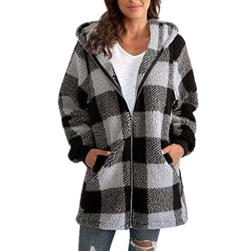 Arabella - Check Fleece Long Sleeve Hooded Coat - Grey