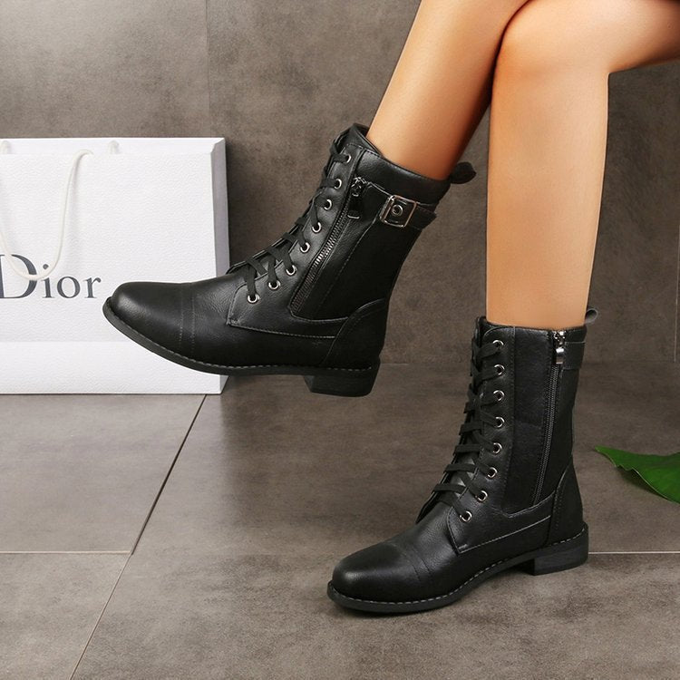 Women's Lace-Up Mid-Calf Boots with Side Zip Closure