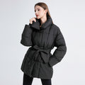 Women's Padded Coat with Belted Waist and Wide Collar - Black