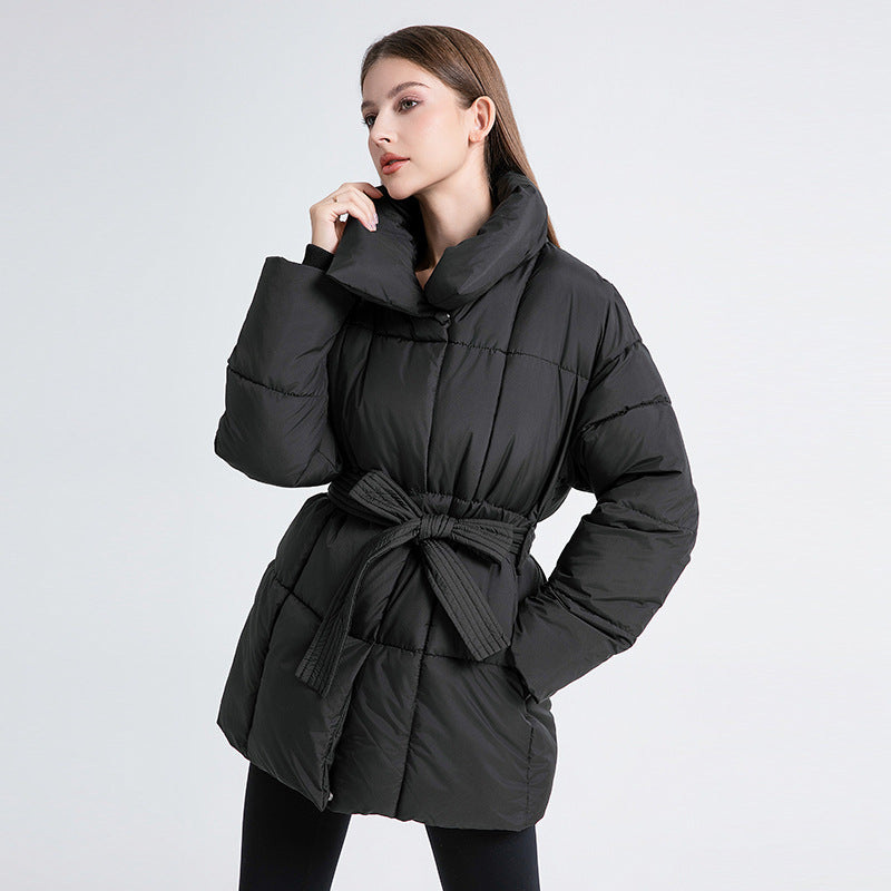 Women's Padded Coat with Belted Waist and Wide Collar - Black