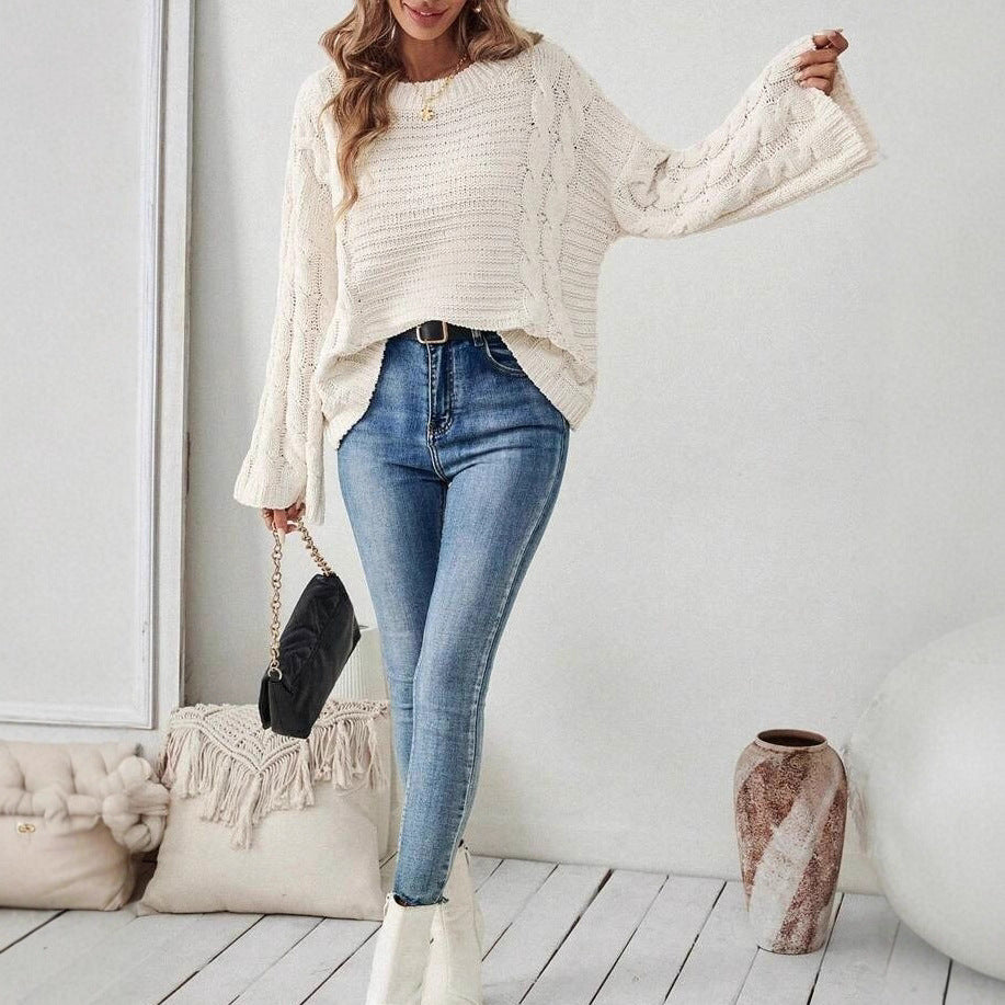 Women's Cable Knit Jumper Round Neck Wide Sleeve - 5