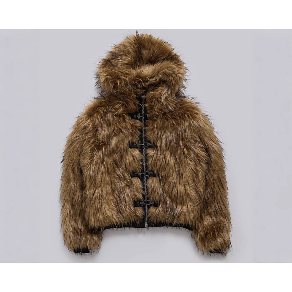 Women's Faux Fur Hooded Jacket with Toggle Closures - 6