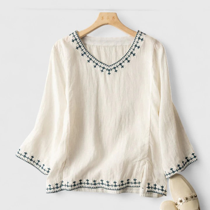 Women's Embroidered V-Neck Blouse with Relaxed Fit - White