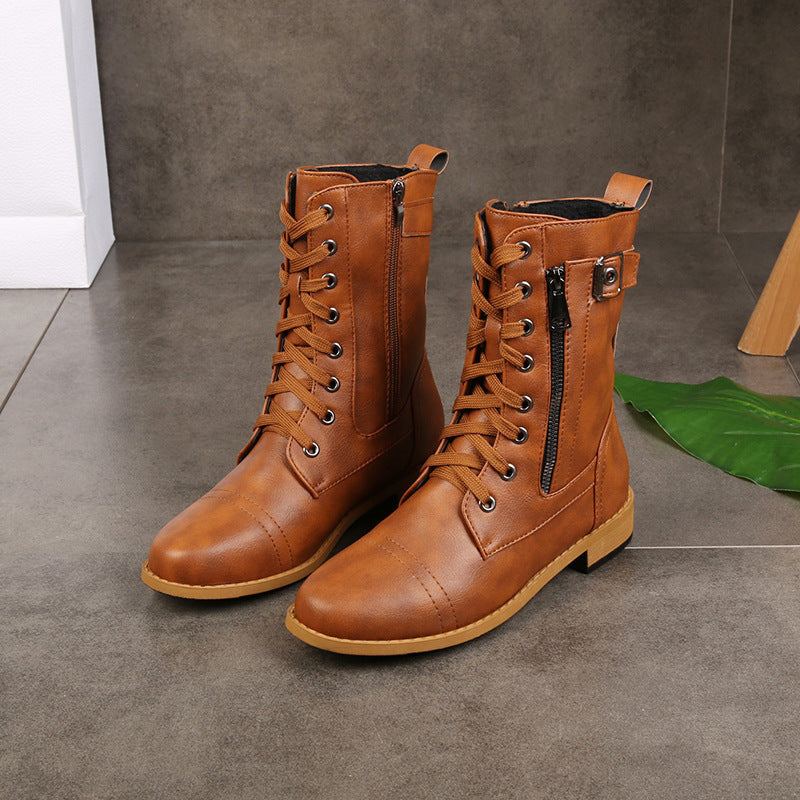 Women's Lace-Up Mid-Calf Boots with Side Zip Closure - Brown