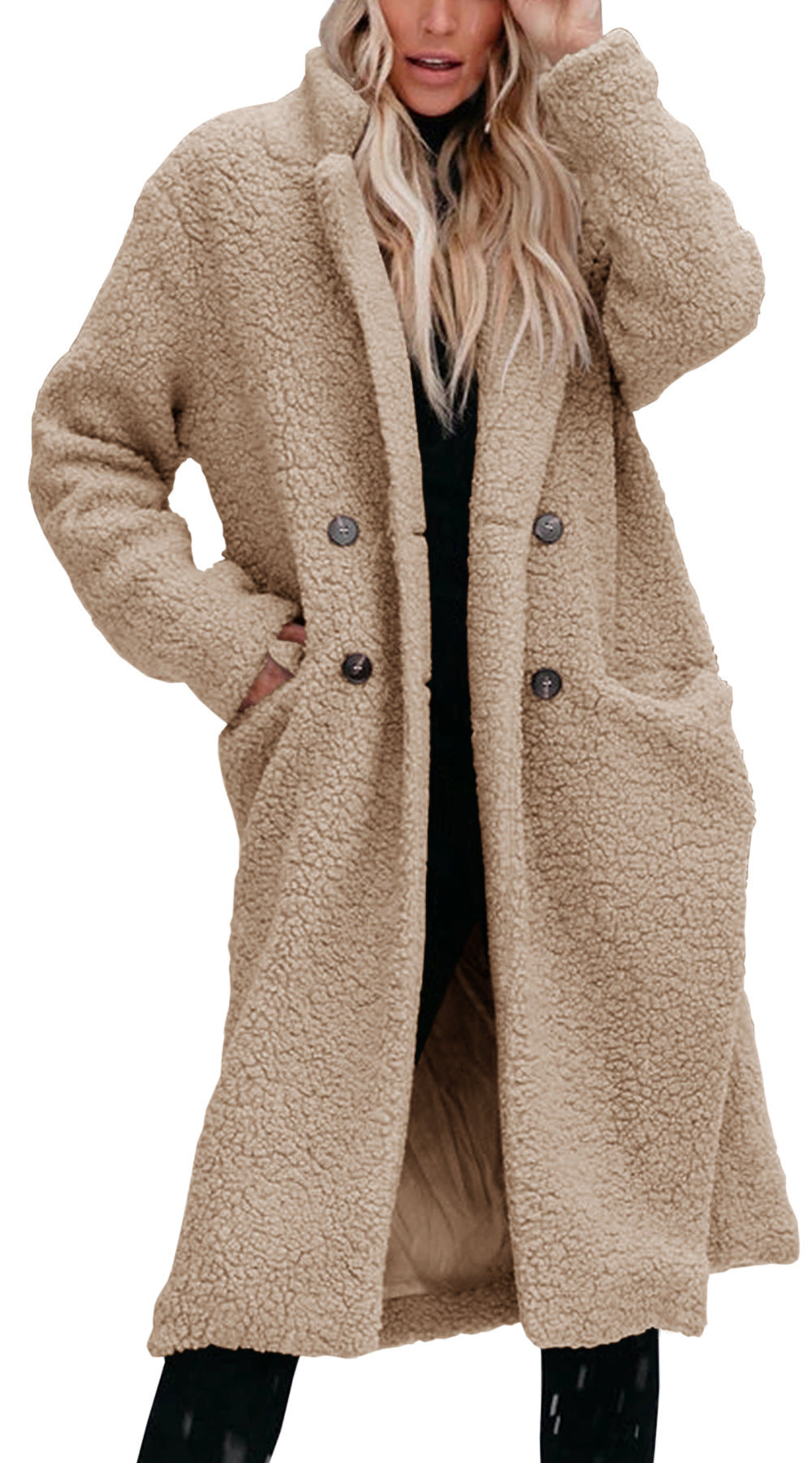 Women's Long Teddy Coat with Button Front Closure - Khaki