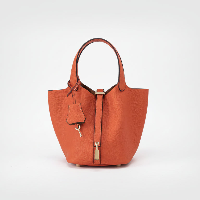 Women's Structured Bucket Bag with Twist-Lock Clasp - Fresh Orange Ember