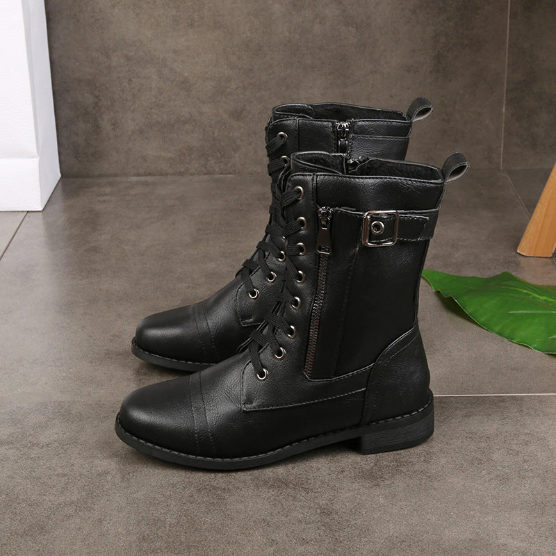 Women's Lace-Up Mid-Calf Boots with Side Zip Closure - Black