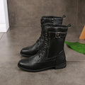 Women's Lace-Up Mid-Calf Boots with Side Zip Closure - Black