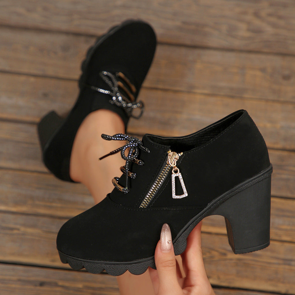 Women's Block Heel Ankle Boots Lace-Up with Side Zip - 4