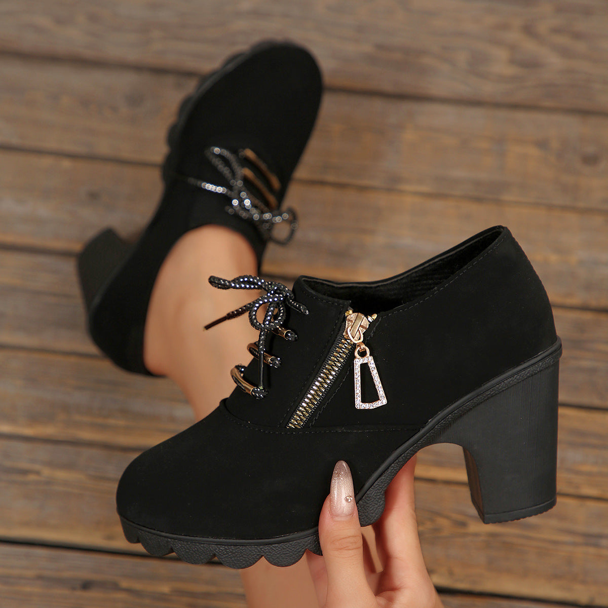 Women's Block Heel Ankle Boots Lace-Up with Side Zip - 4