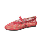 Women's Mesh Mary Jane Ballet Flats with Strap Closure - Red