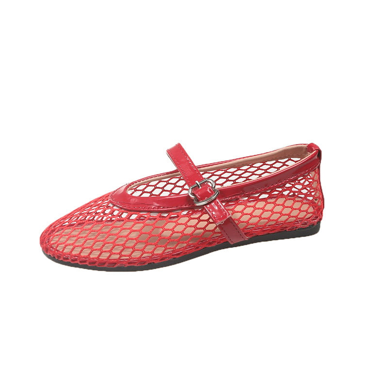 Women's Mesh Mary Jane Ballet Flats with Strap Closure - Red