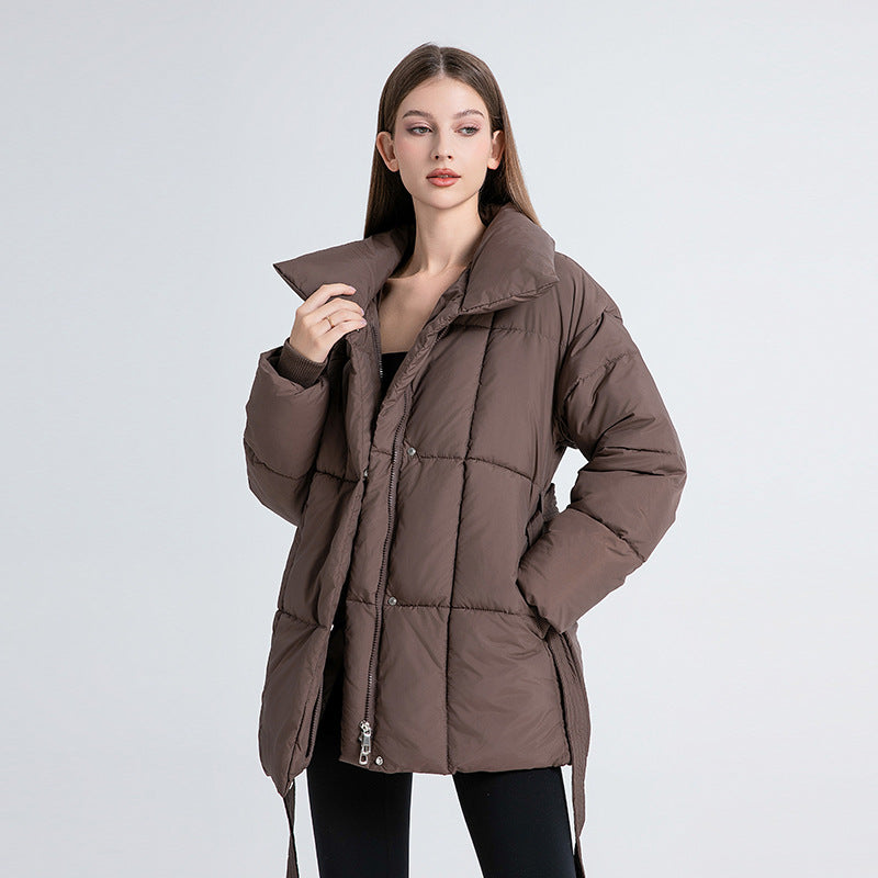 Women's Padded Coat with Belted Waist and Wide Collar - Brown