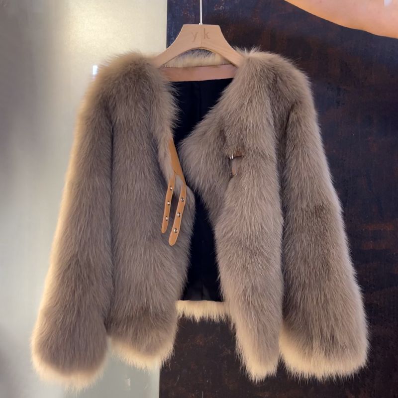 Women's Faux Fur Jacket with Buckle Detail Open Front - 3