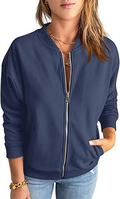 Women's Bomber Jacket with Zip and Pockets - Navy Blue