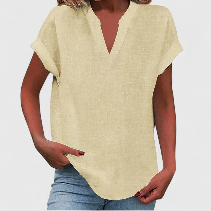 Women's Blouse Relaxed Fit with Notched V-Neck and Rolled Sleeves - Beige
