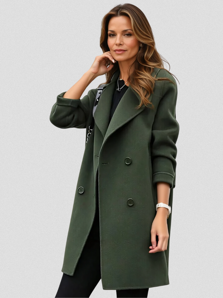 Women's Longline Coat Double-Breasted with Sharp Lapels - Army Green