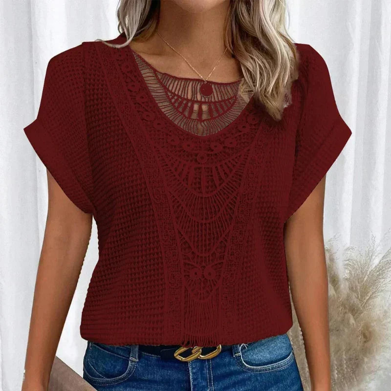 Women Waffle-Knit Top with Crochet Lace Trim and Round Neckline - Red