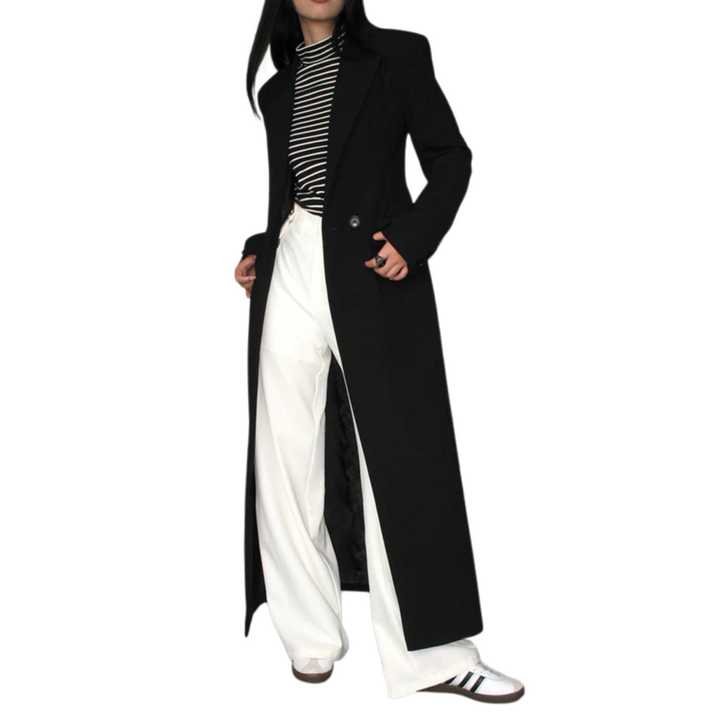 Women's Long Trench Coat Single-Breasted Notch Collar - Black