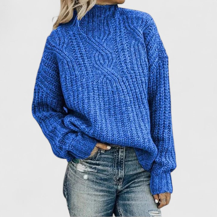 Women's Jumper Cable Knit with Mock Neck - Blue