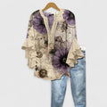 Women's Blouse with V-Neck, Floral Print and Ruffled Sleeves - Beige