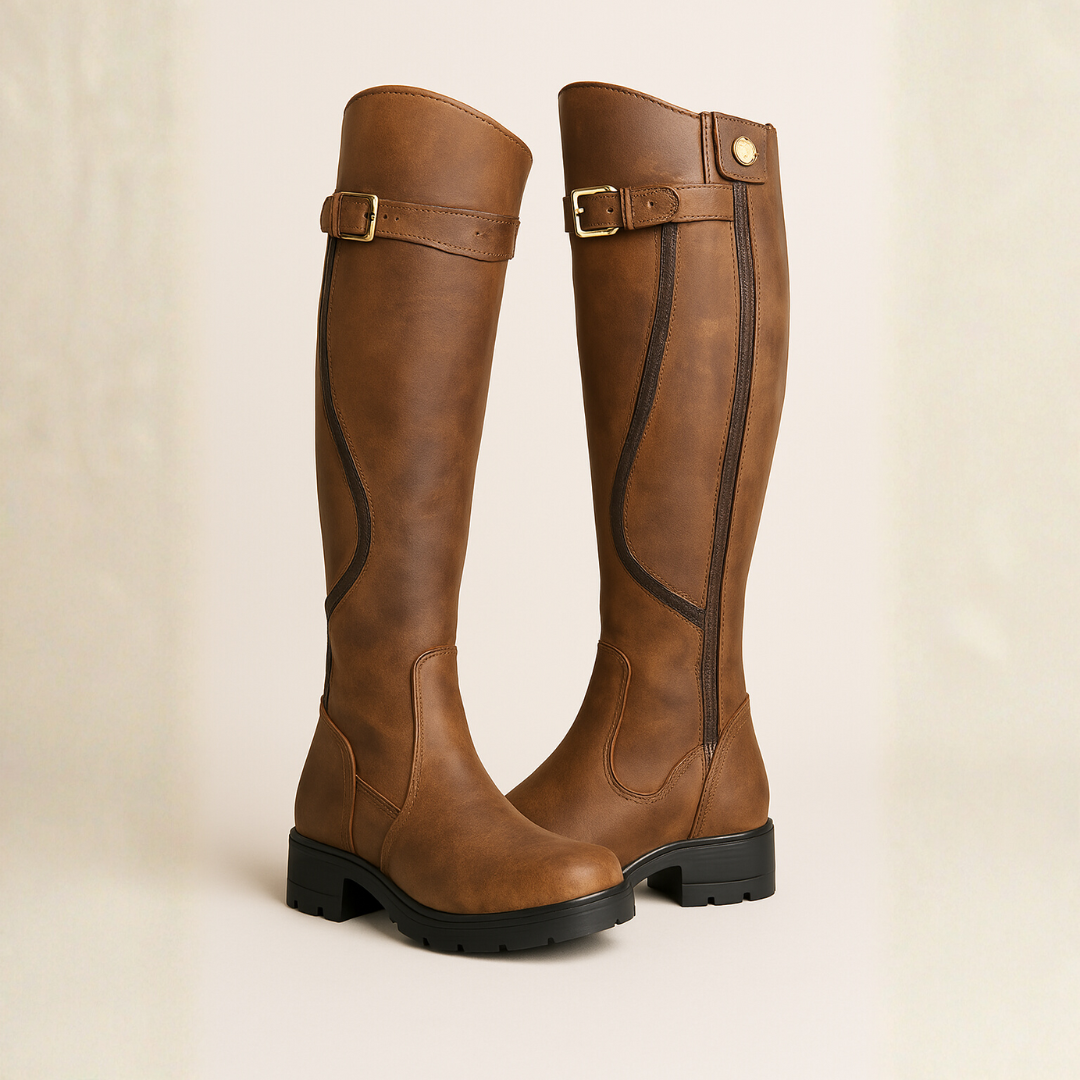 Women's Tall Boots with Buckle Detail - Brown