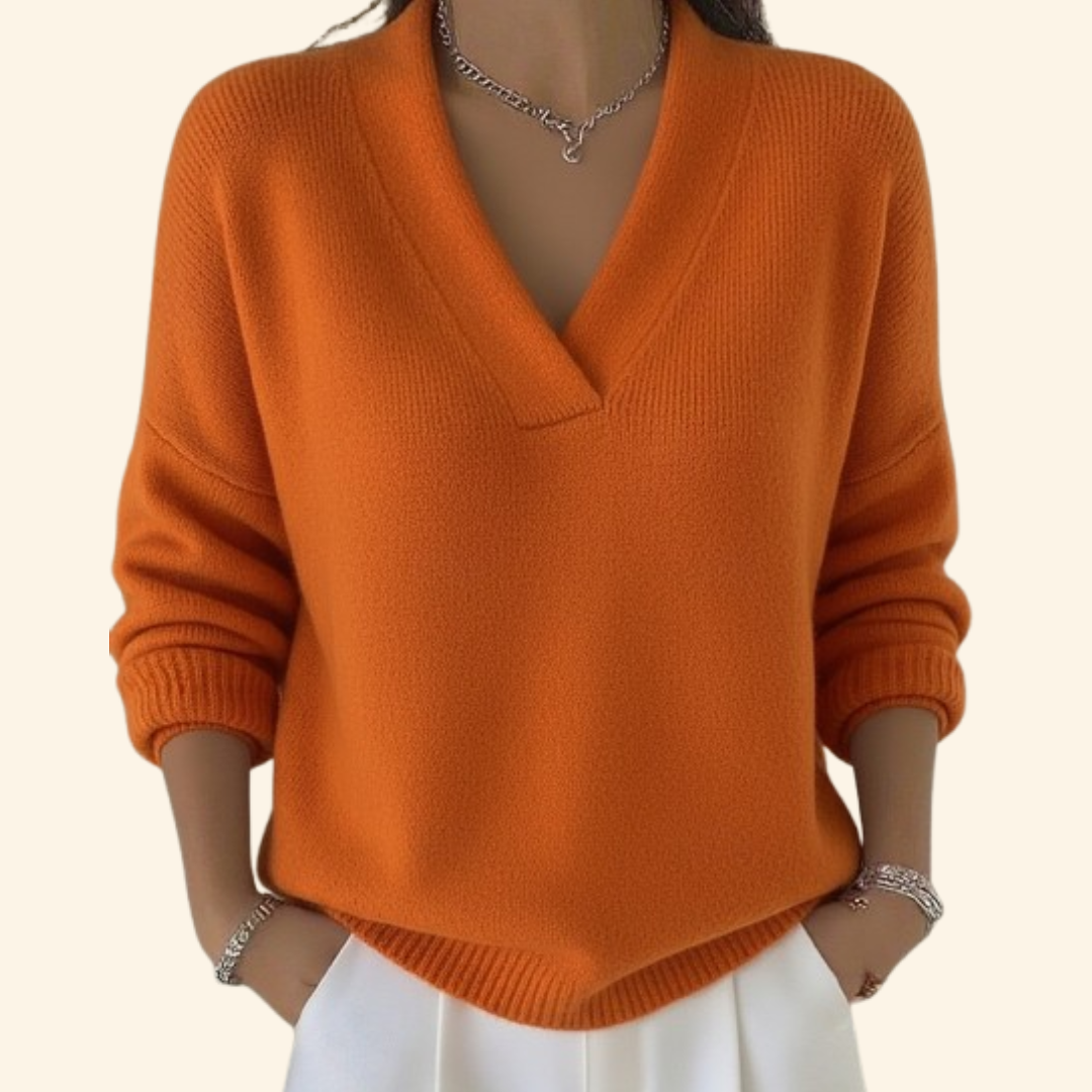 Women's Jumper with V-Neck and Relaxed Fit - Orange