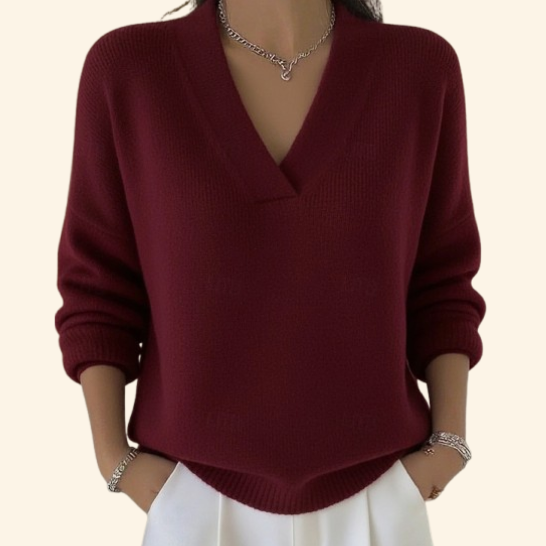 Women's Jumper with V-Neck and Relaxed Fit - Red
