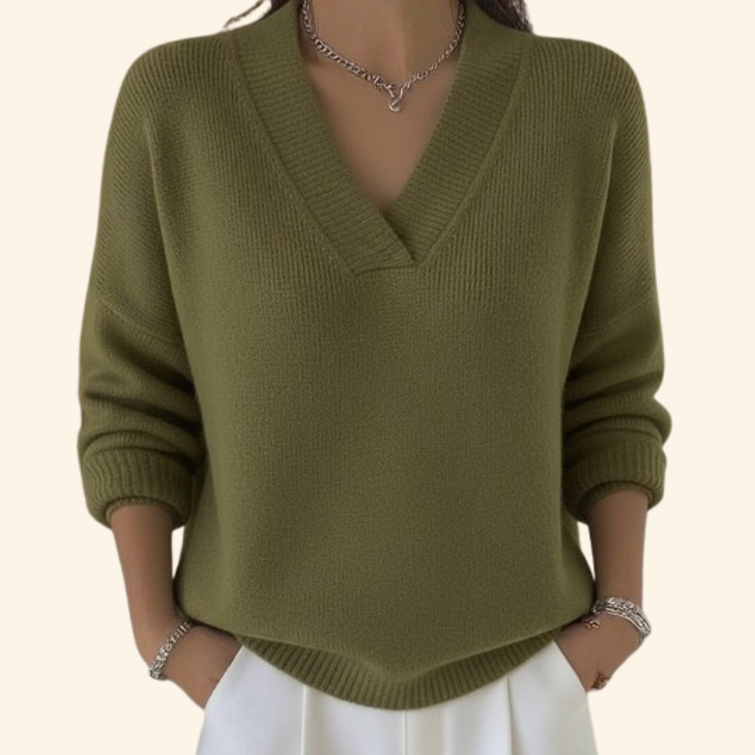 Women's Jumper with V-Neck and Relaxed Fit - Green