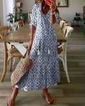 Women's Printed Tiered Maxi Dress with Tasselled V-Neck - Blue