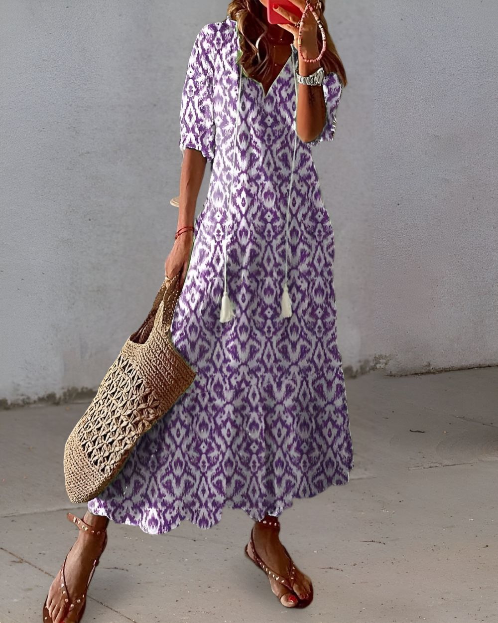Women's Printed Tiered Maxi Dress with Tasselled V-Neck - Purple