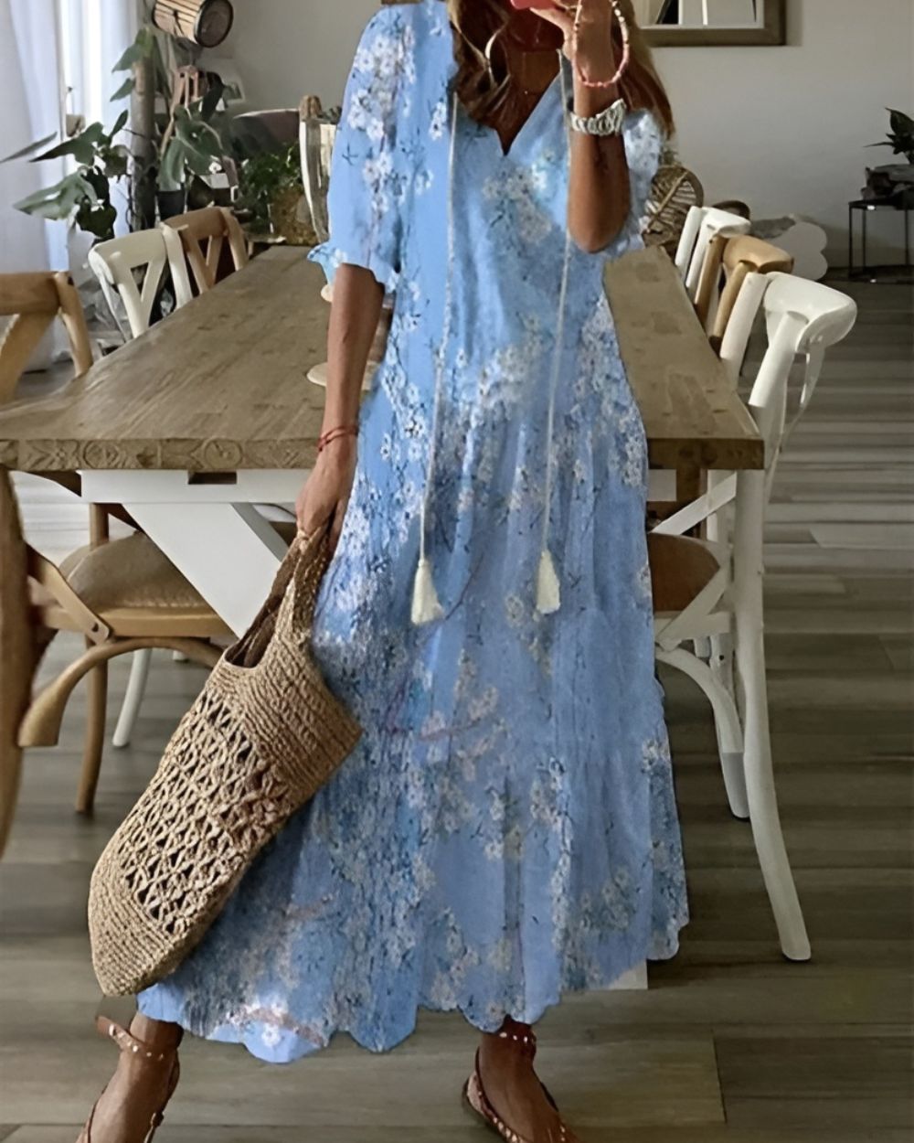 Women's Printed Tiered Maxi Dress with Tasselled V-Neck - Light Blue