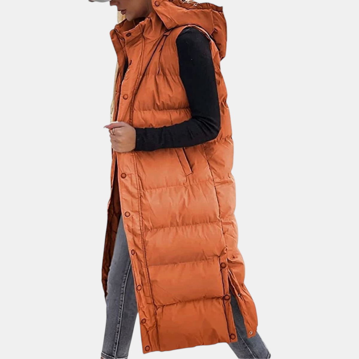 Women's Puffer Gilet Quilted Hooded Maxi Length Button Down - 4