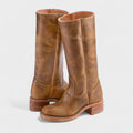 Women's Tall Boots with Block Heel and Round Toe - Light Brown