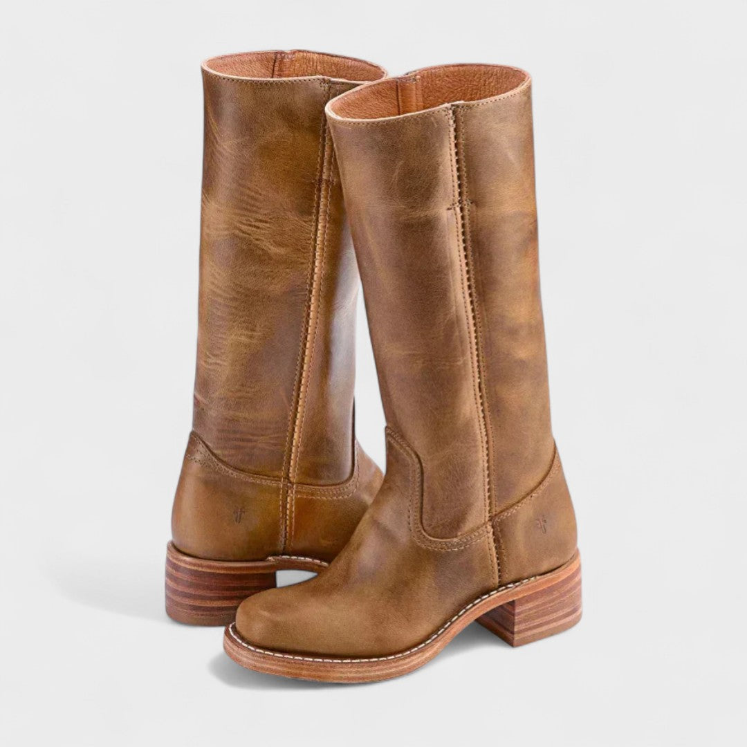 Women's Tall Boots with Block Heel and Round Toe - Light Brown