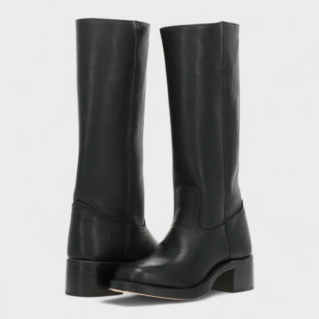 Women's Tall Boots with Block Heel and Round Toe - Black