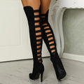 Women's Over-the-Knee Heeled Boots with Ladder Cutouts - Black