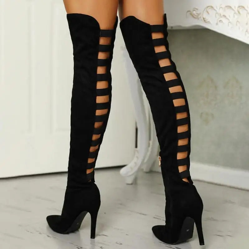 Women's Over-the-Knee Heeled Boots with Ladder Cutouts - 5