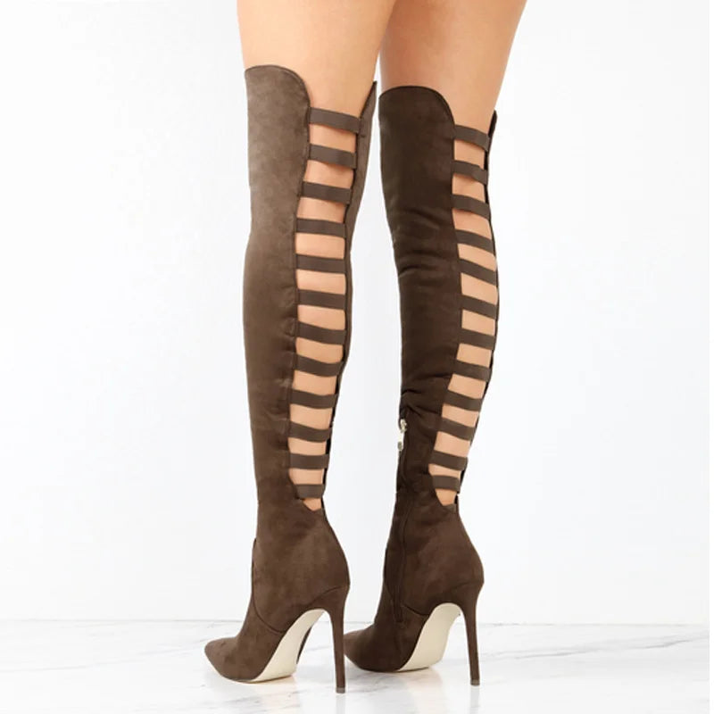 Women's Over-the-Knee Heeled Boots with Ladder Cutouts - Brown
