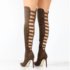 Women's Over-the-Knee Heeled Boots with Ladder Cutouts - Brown