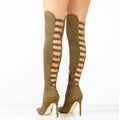 Women's Over-the-Knee Heeled Boots with Ladder Cutouts - Khaki