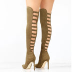 Women's Over-the-Knee Heeled Boots with Ladder Cutouts - Khaki