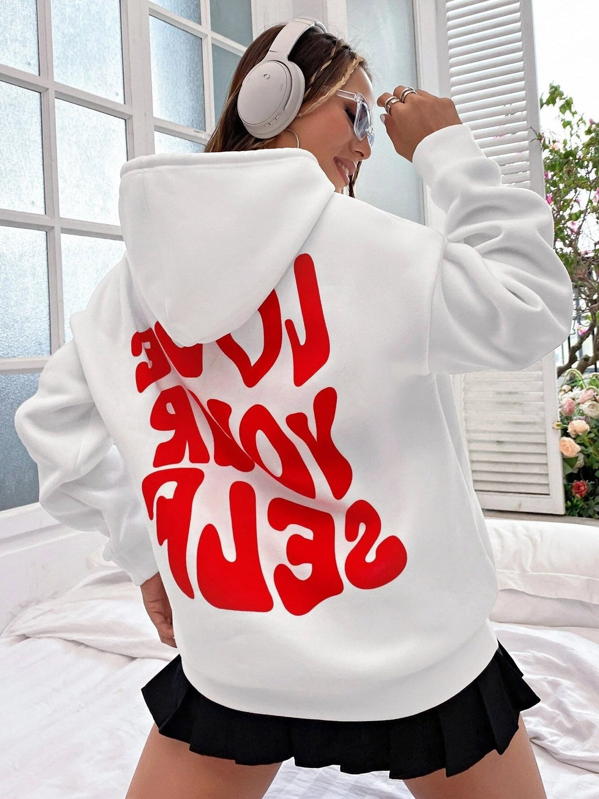 Women's Hoodie with Drawstring Hood and Front Kangaroo Pocket - White
