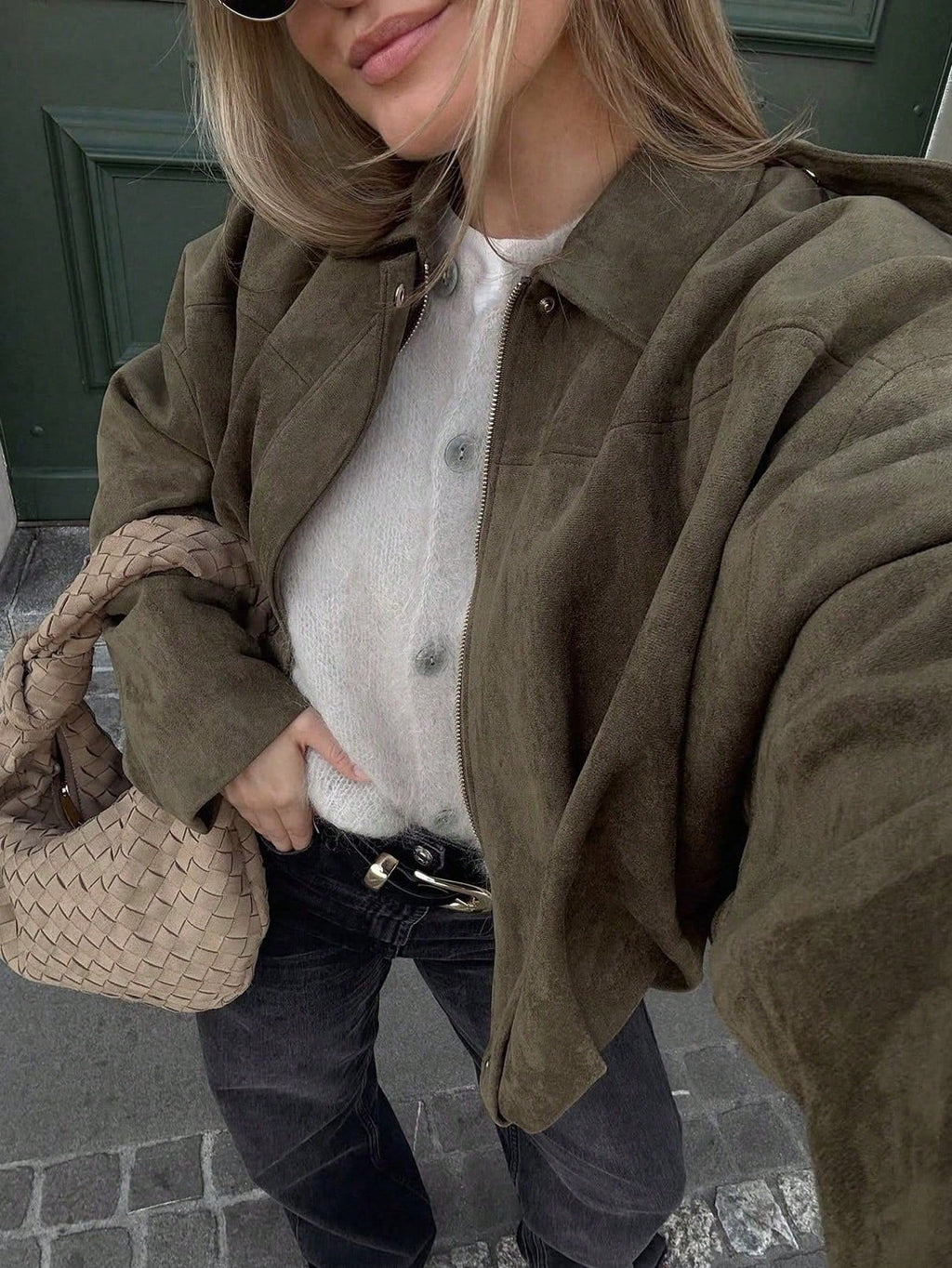 Women's Oversized Bomber Jacket with Stand Collar - 4