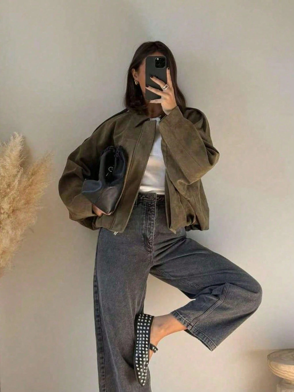 Women's Oversized Bomber Jacket with Stand Collar - 6