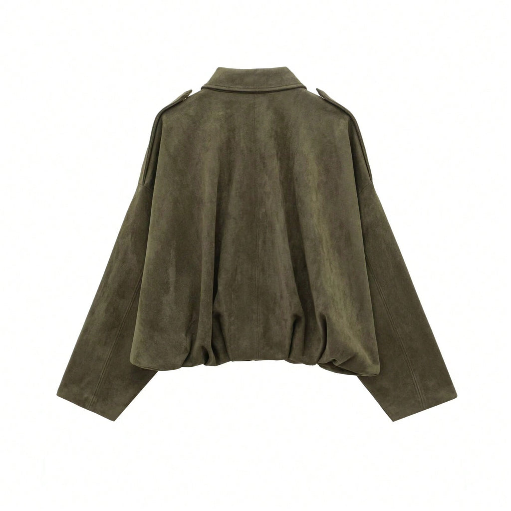 Women's Oversized Bomber Jacket with Stand Collar - 2