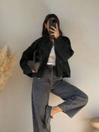 Women's Oversized Bomber Jacket with Stand Collar - Black